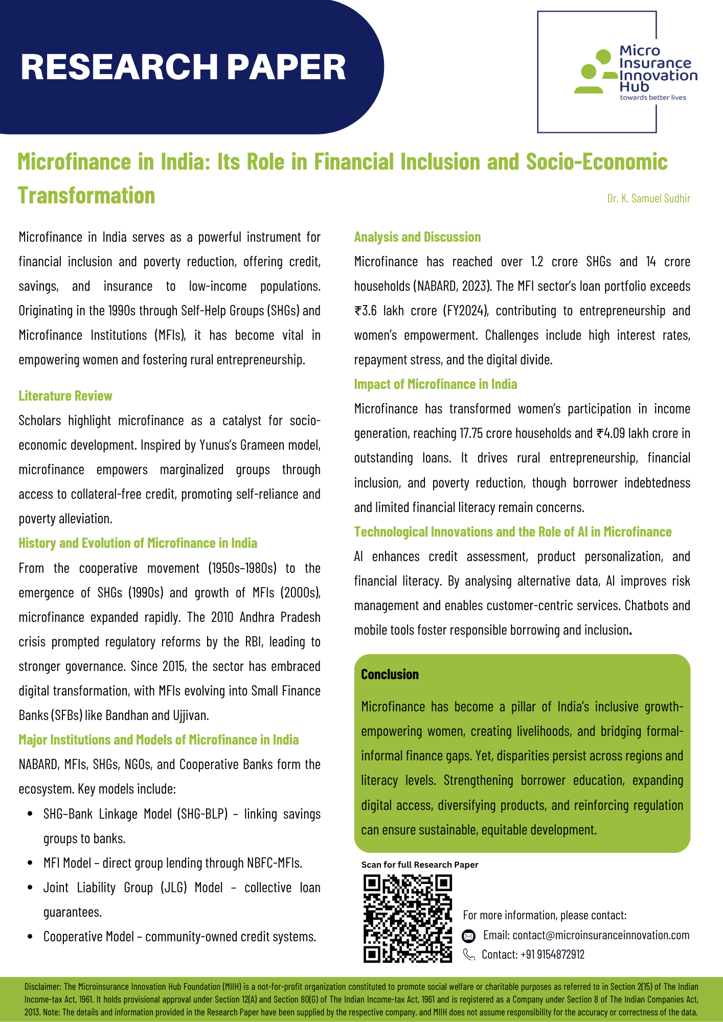 Microfinance in India: Its Role in Financial Inclusion and Socio- 
Economic Transformation
                              